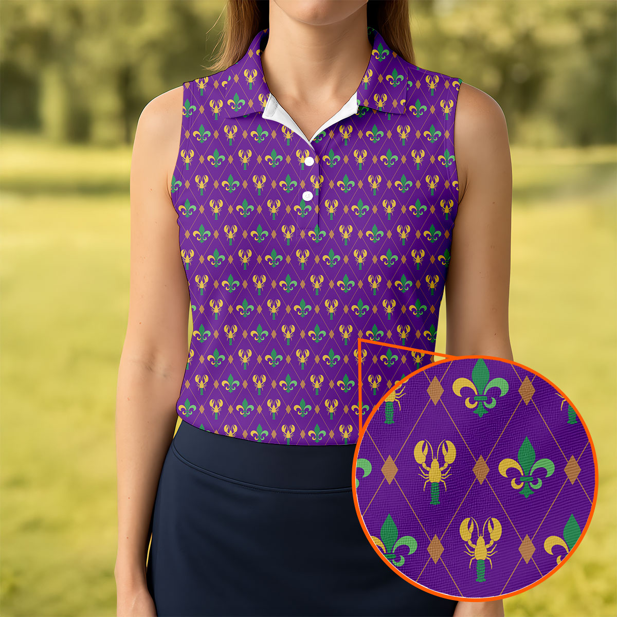 Crawfish Fleur De Lis Argyle Pattern Mardi Gras Golf Shirt, Women's Golf Tops, Ladies Golf Polos
