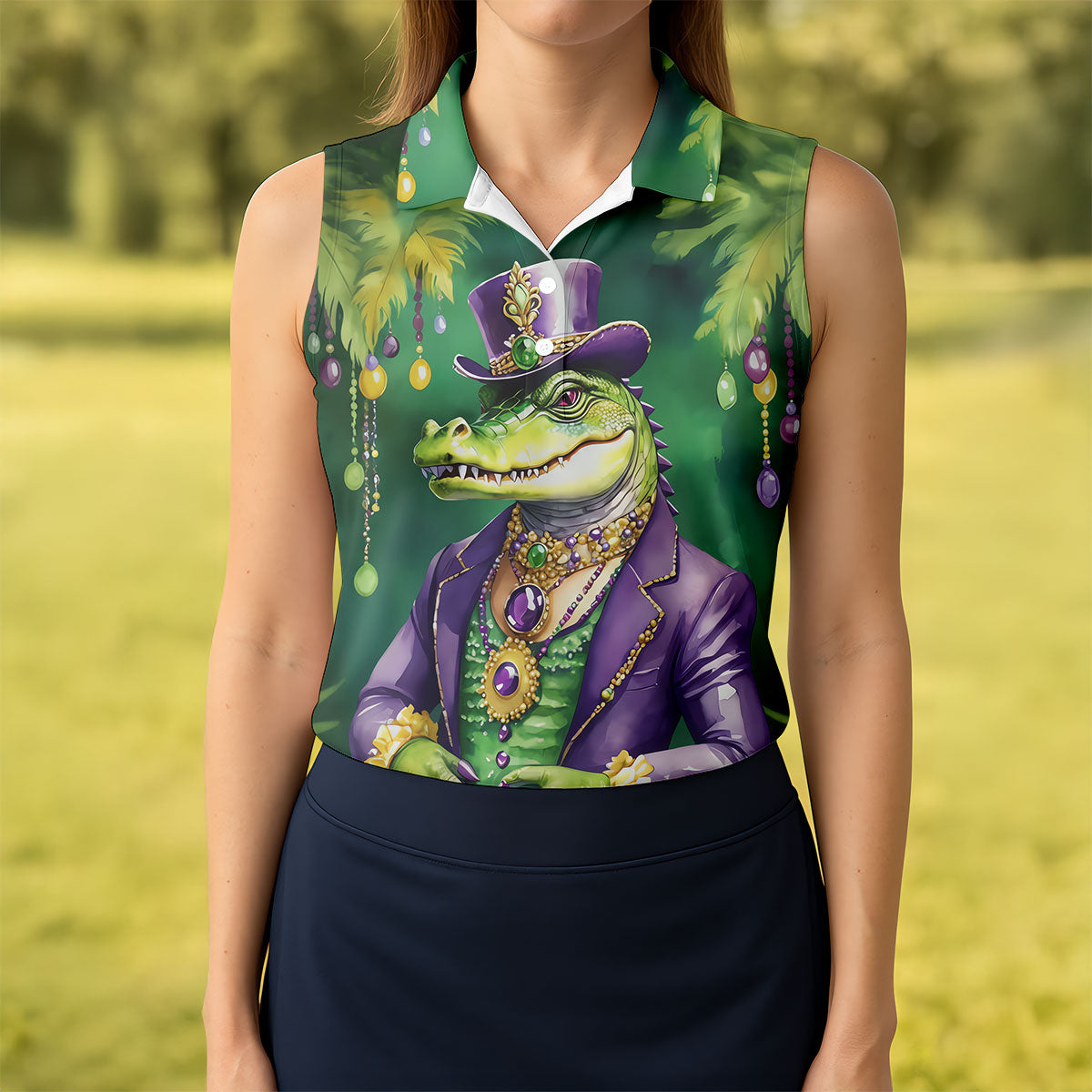 Mardi Gras Alligator Green Golf Shirt, Fun Women's Golf Shirts, Women's Golf Tops, Ladies Golf Polos