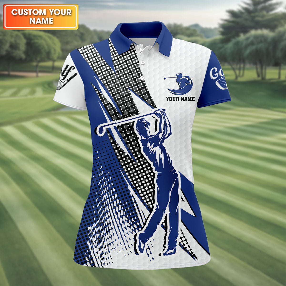 Blue White Women's Golf Tops, Customized Golf Polos, Ladies Golf Polos, Funny Golf Shirt