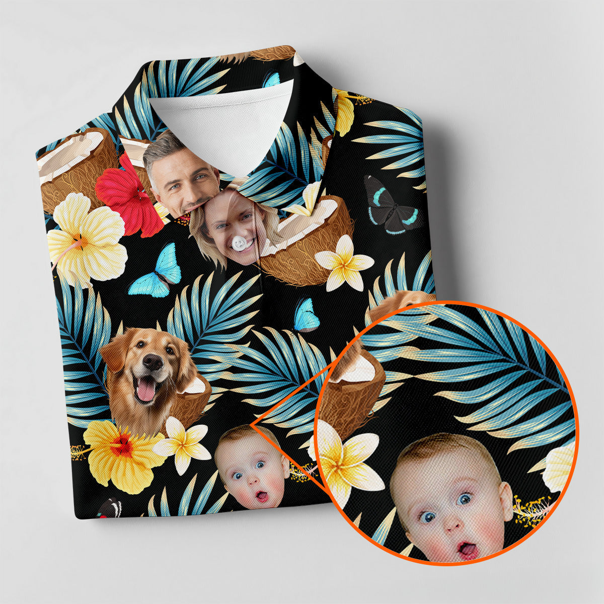 Red And Yellow Hibiscus, Womens Black Golf Shirt, Custom Face Shirt, Ladies Floral Shirt, Ladies Golf Polos