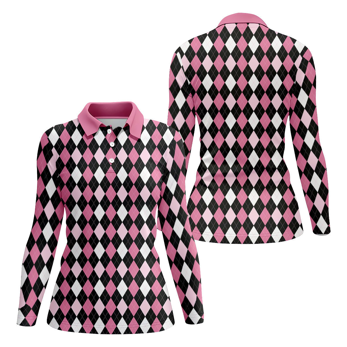 Black Pink Argyle Womens Golf Shirts, Ladies Pink Golf Shirt, Womens Golf Polo Shirt Golf Gift For Womens