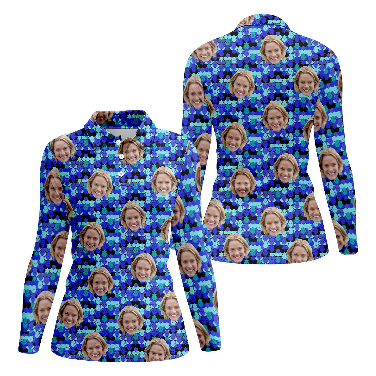 Custom Face Blue Fun Women's Golf Shirts, Ladies Sleeveless Polo, Golfing Apparel