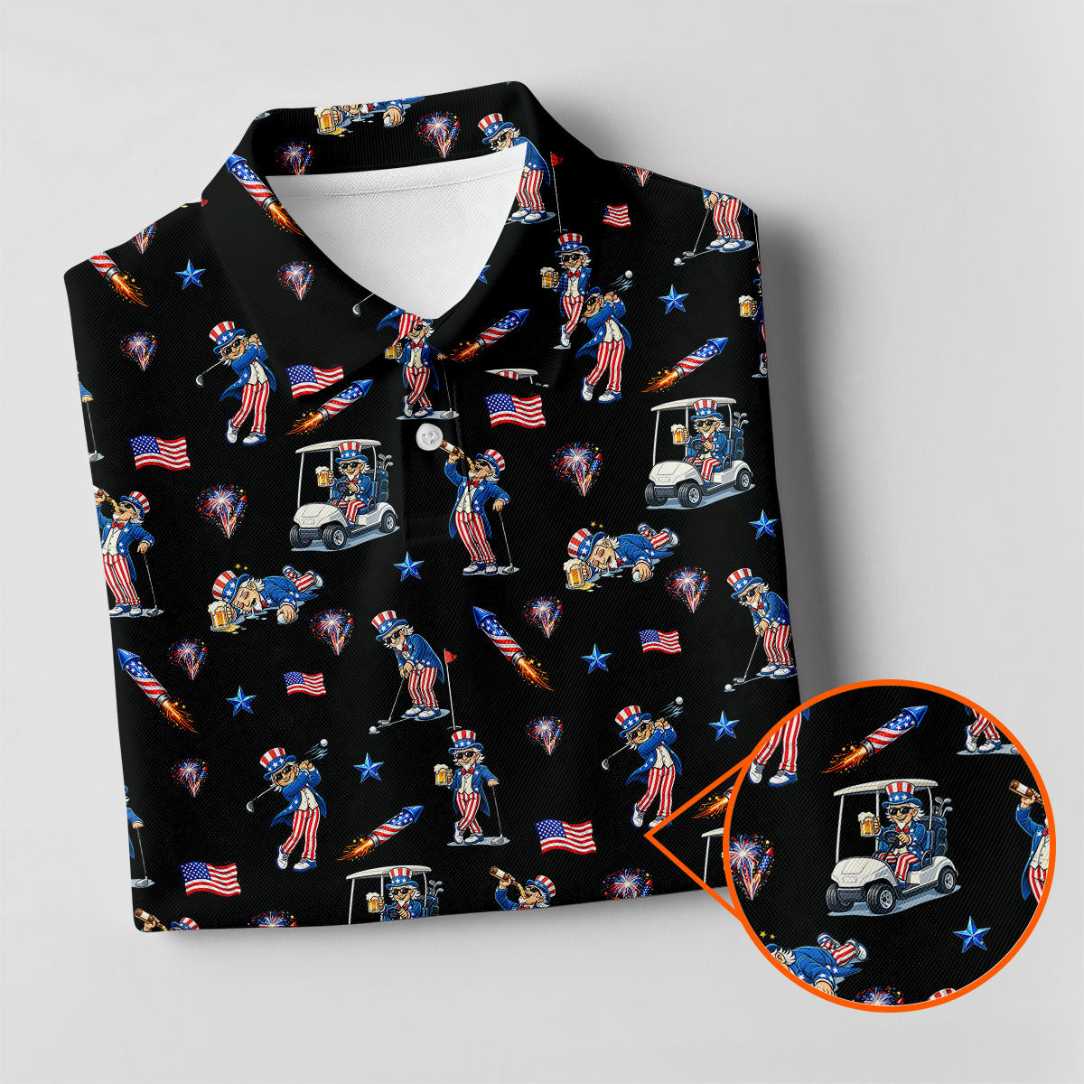 Patriotic Man Golf And Beer Funny 4th Of July Black Golf Shirt, 250 Years Seamless Pattern Women's Golf Tops