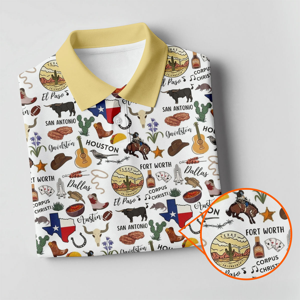 Texas Symbols Western Theme Doodle Style Golf Tops For Men, Polo Shirts For Men, Golf Shirts For Men