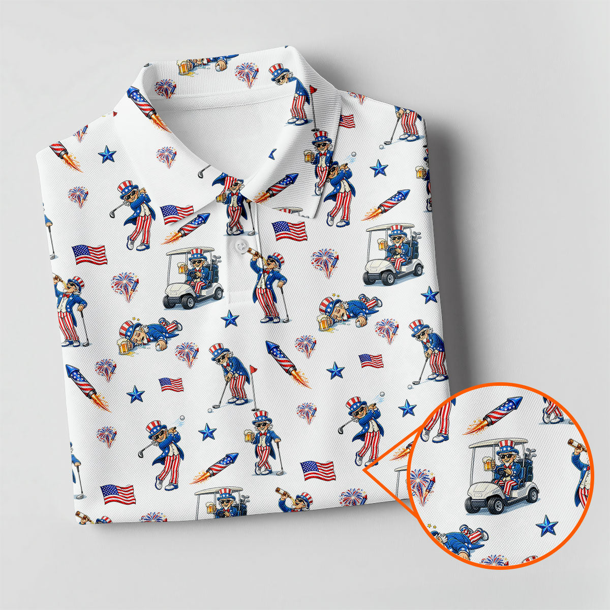 Patriotic Man Golf And Beer Funny 4th Of July White Golf Shirt, 250 Years Seamless Pattern Women's Golf Tops
