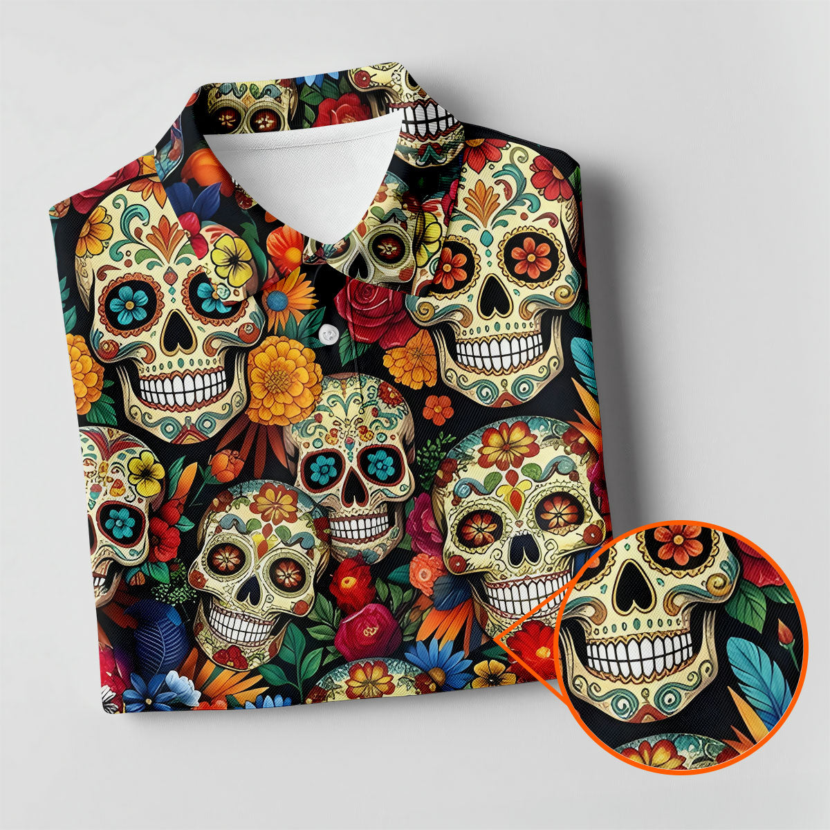 Sugar Skulls Cinco De Mayo Celebration Fiesta Golf Polo For Men, Floral Pattern Golf Shirts For Men