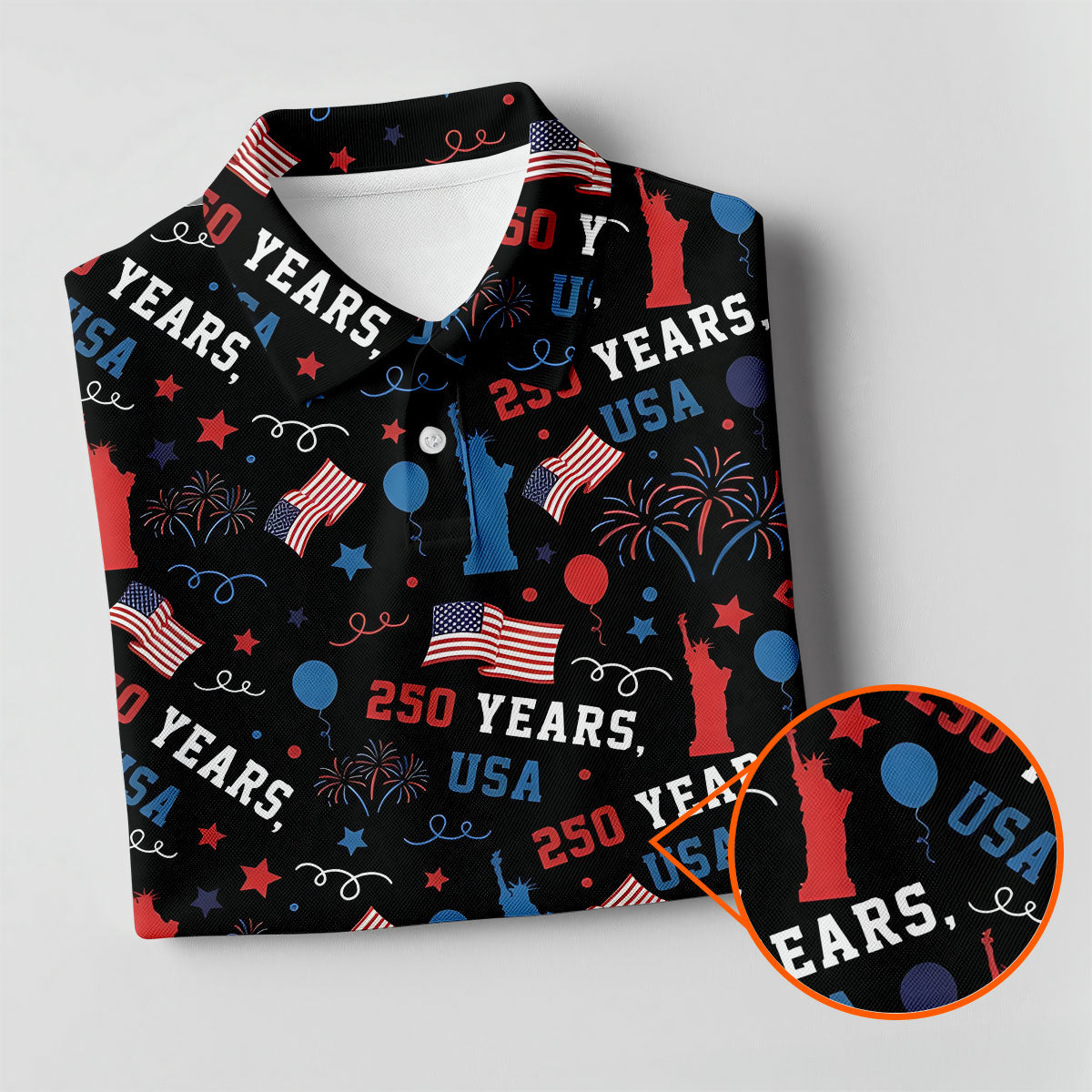 250 Years USA Red White Blue Seamless Pattern Black Golf Shirt, Patriotic 4th Of July Golf Shirt For Women