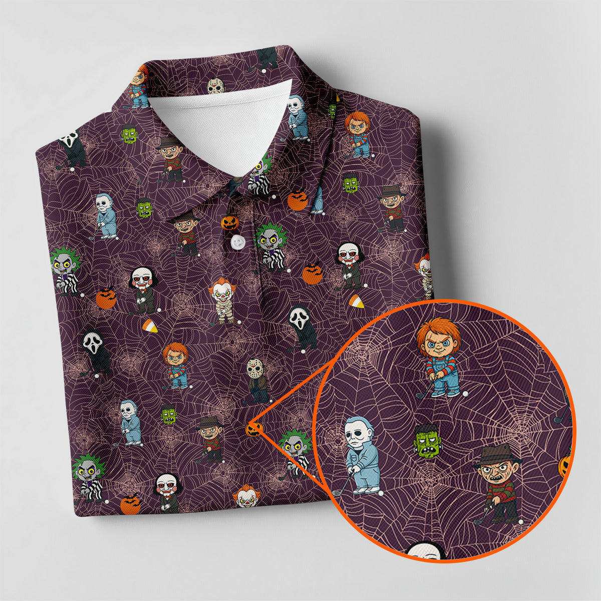 Funny Horror Character Purple Golf Polo ShirtHorror Movie Shirt, Halloween Golf Shirt, Womens Golf Polo