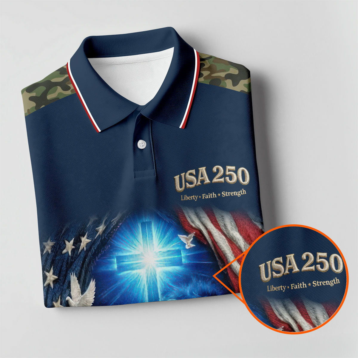 One Nation Under God Faith Cross USA 250 Navy Camo Golf Shirt, 4th Of July Golf Shirts For Men