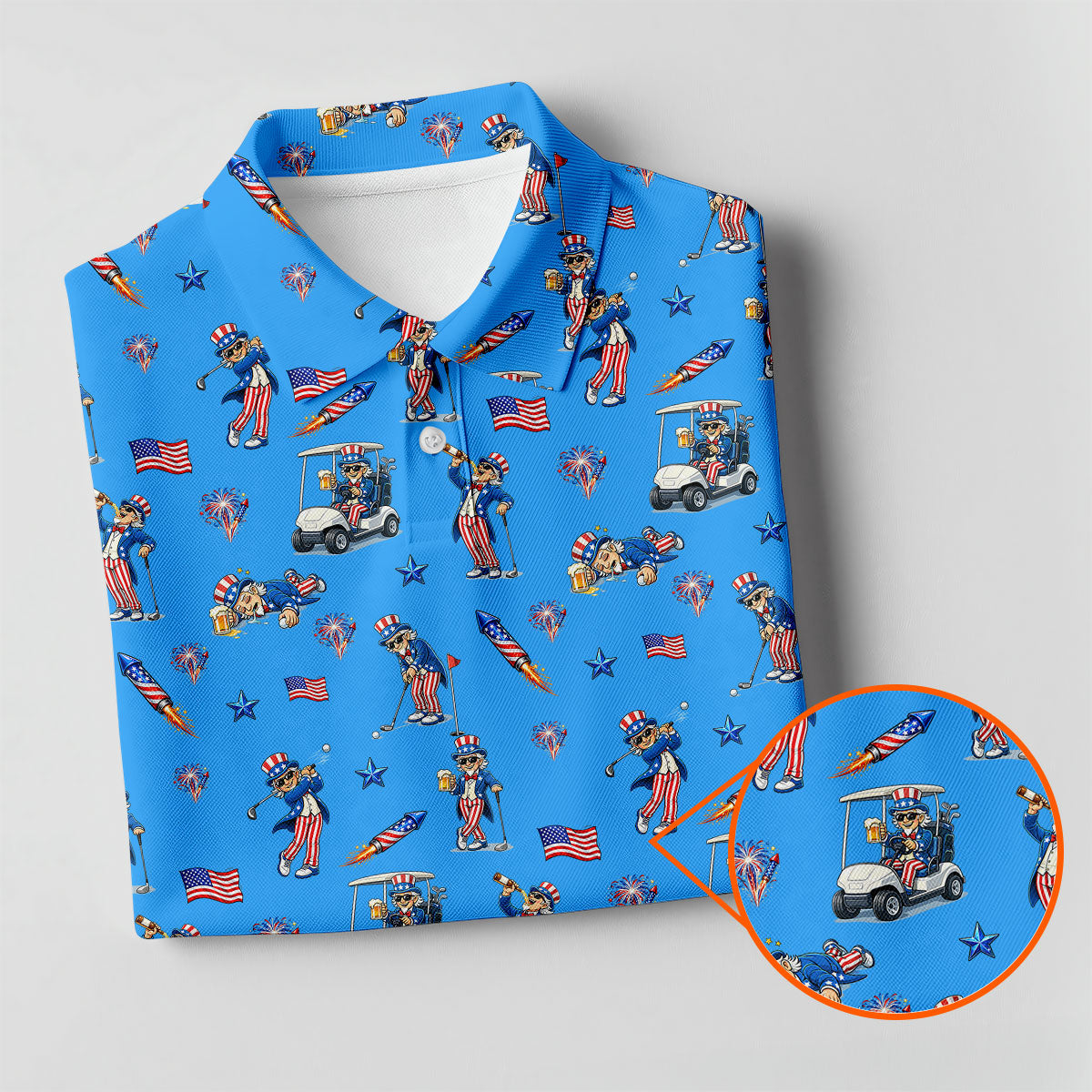Patriotic Man Golf And Beer Funny 4th Of July Blue Golf Shirt, 250 Years Seamless Pattern Women's Golf Tops