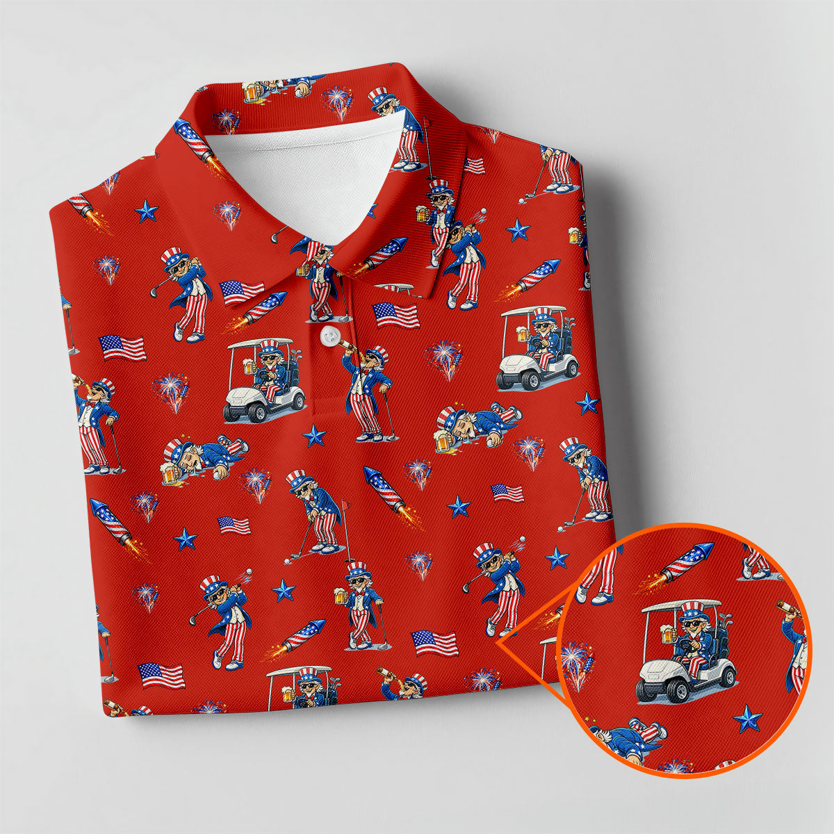 Patriotic Man Golf And Beer Funny 4th Of July Red Golf Shirt, 250 Years Seamless Pattern Women's Golf Tops