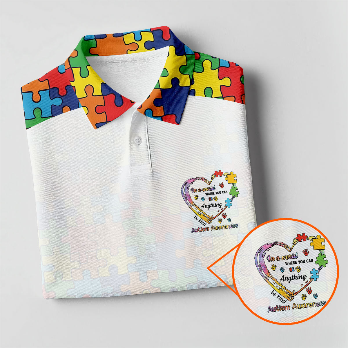 In A World Where You Can Be Anything Be Kind Autism Awareness Puzzle Pattern White Fade Golf Shirts For Men