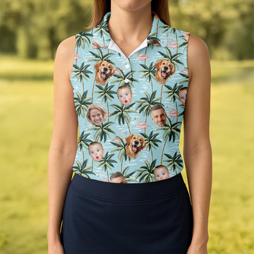 Pink Flamingo Hawaiian Shirt, Custom Team Shirt, Green Polo ShirtSleeveless Womens Golf Shirts, Ladies Golf Shirts