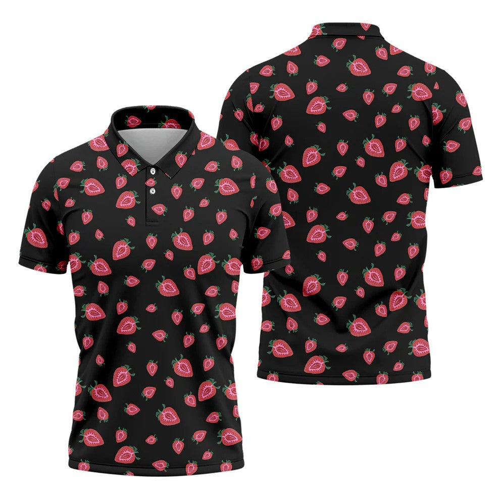 Strawberry Slice Black Golf Shirt, Men's Golf Shirt, Hawaiian Golf Shirt, Golf Shirts For Men