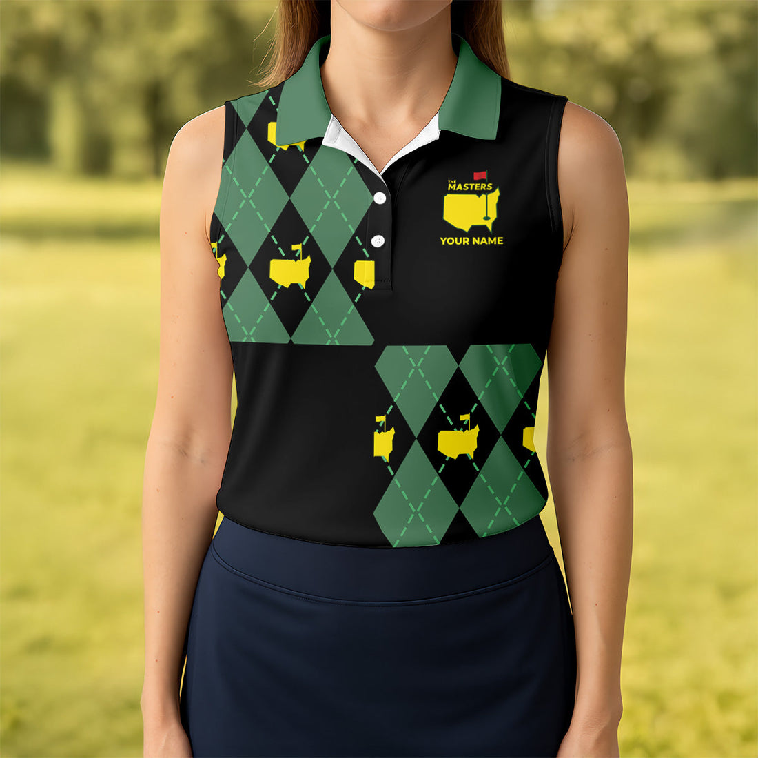 Green and Black Argyle Golf Shirt, Women Golf Top, Ladies Sleeveless Polo, Women's Polo Shirt
