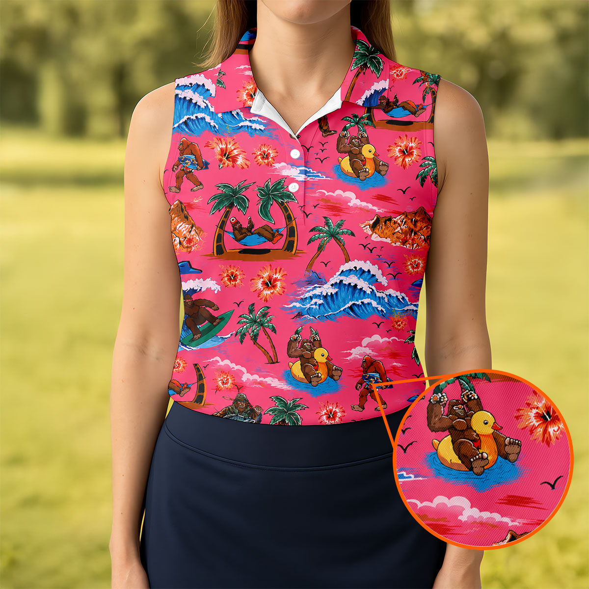 Pink Bigfoot Aloha Beach Vacation Golf Shirt, Golf Polo For Women, Printed Golf Shirt