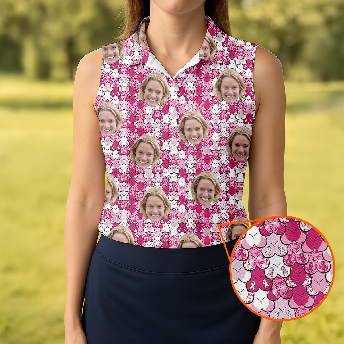 Custom Face Breast Cancer Golf Shirt, Women Golf Top, Ladies Golf Polos, Breast Cancer Awareness Shirt