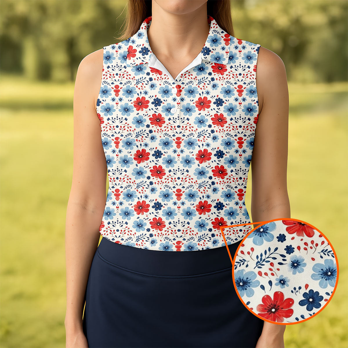 Red White Blue Floral Pattern 250th Anniversary Patriotic Golf Shirt, 4th Of July Golf Shirt For Women
