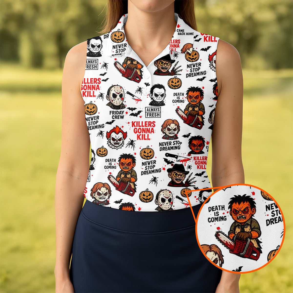 Classic Horror Characters Halloween Golf Shirt, Fun Womens Golf Shirts, Ladies Golf Tops