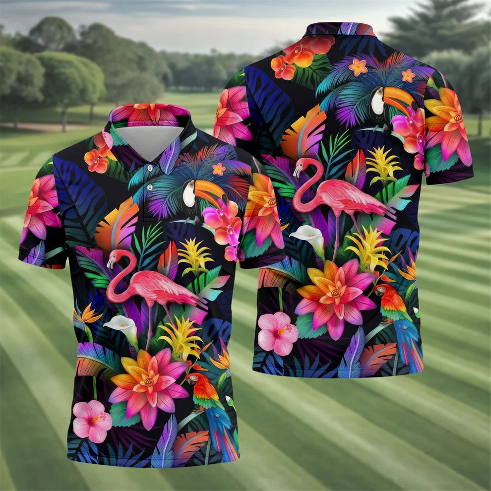 Colorful Tropical Birds And Flamingo Golf Shirt, Mens Golf Polo, Printed Golf Shirts