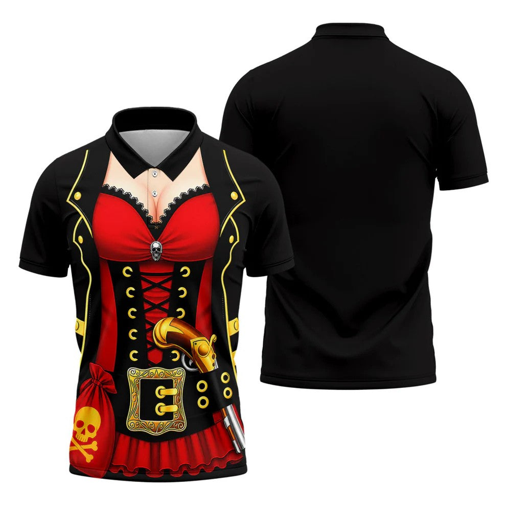 Red Corset Pirate Costume Skull Belt Golf Shirt, Mens Golf Polo, Golf Apparel For Men, Printed Golf Shirts
