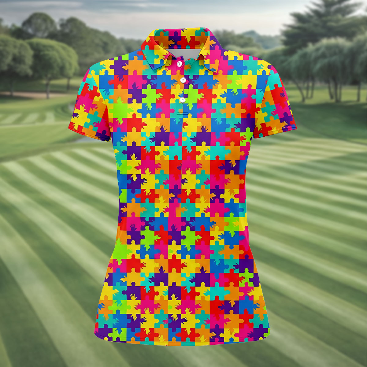 Colorful Handprints Autism Awareness Puzzle Golf Shirt For Women, Ladies Golf Shirts, Women's Polo Shirt