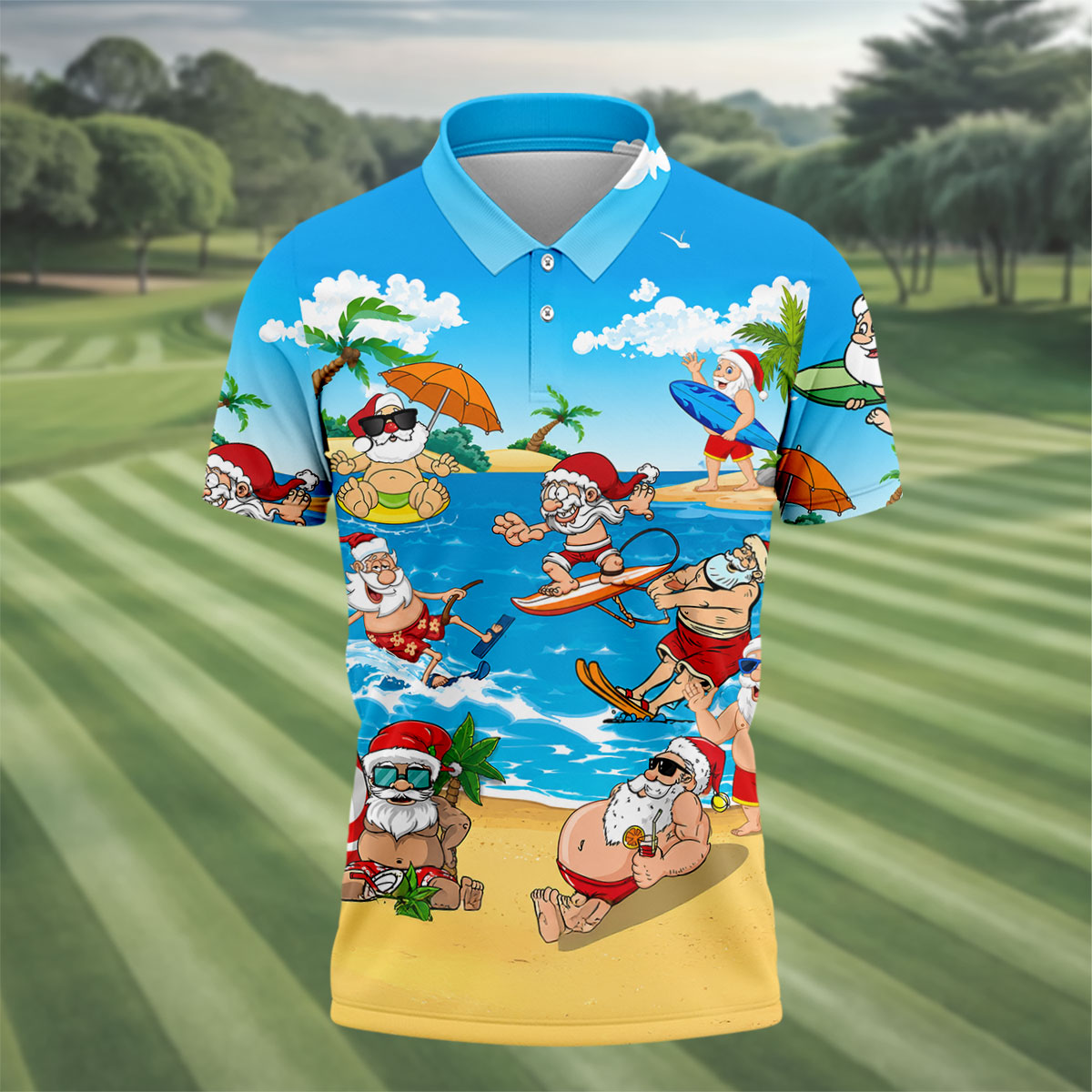 Santa Claus Summer Beach Party Golf Shirt, Mens Golf Polo, Printed Golf Shirts