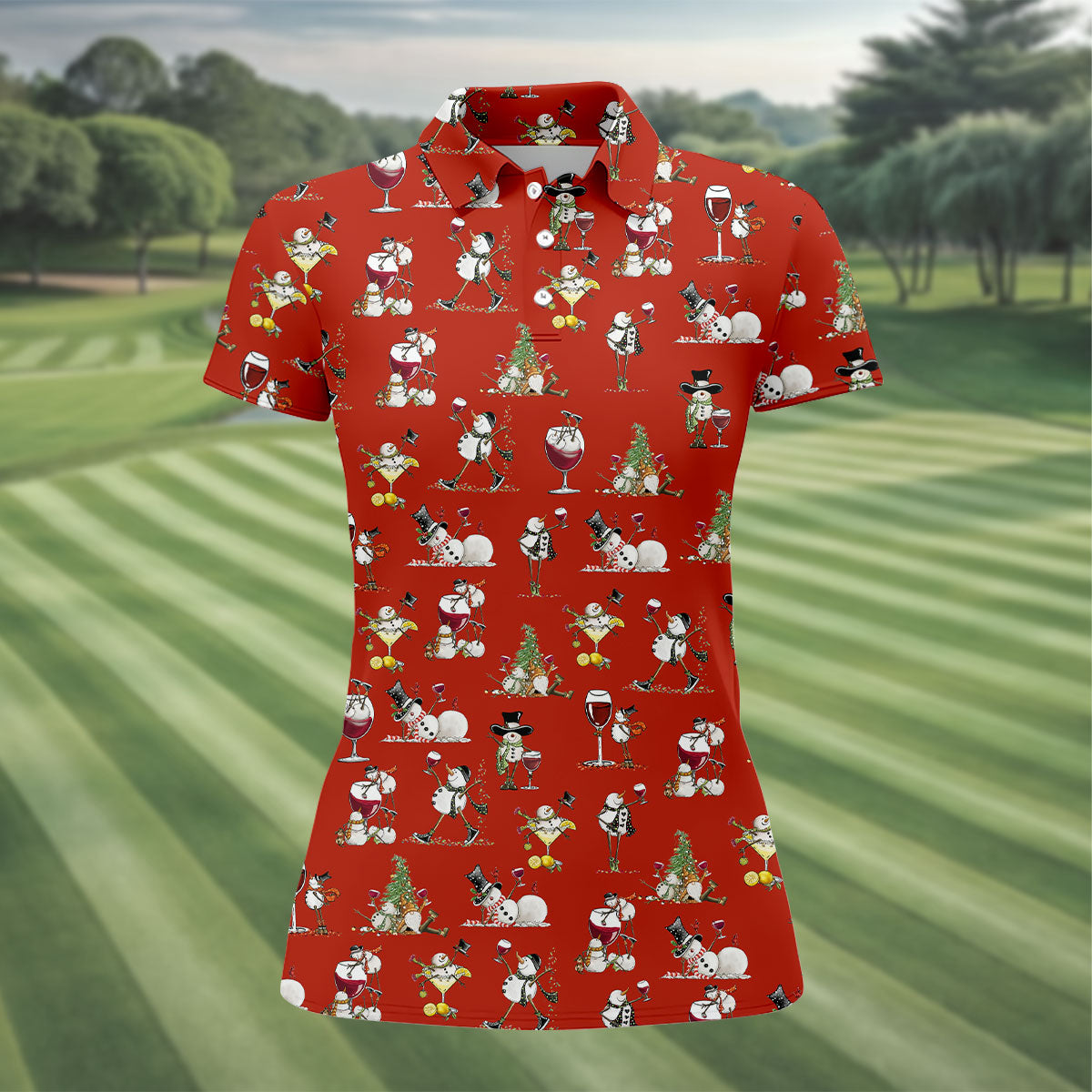 Funny Snowman Drinking Wine Red Golf Shirt, Christmas Golf Shirt, Women's Golf Tops, Ladies Golf Shirts
