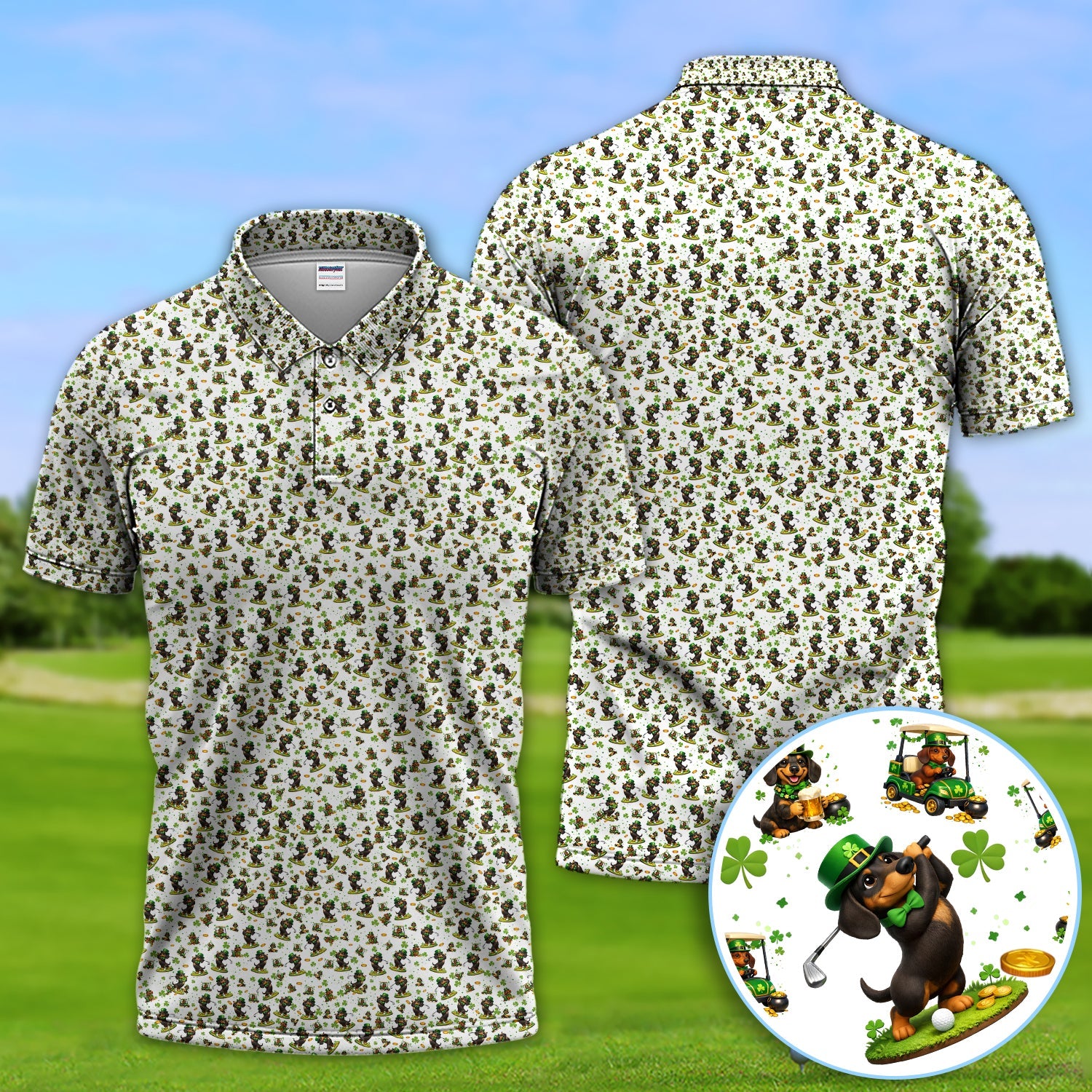 Dachshund Leprechaun Pattern Golf Shirt, Funny St.Patrick’s Day Golf Polos, Crazy Golf Gift For Golfer