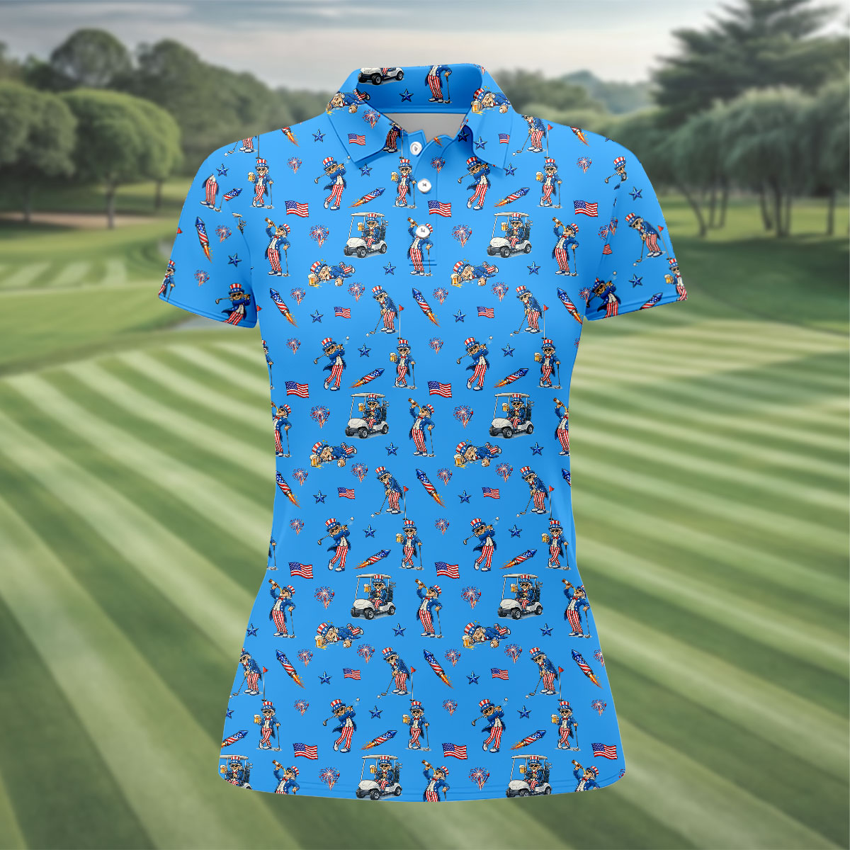 Patriotic Man Golf And Beer Funny 4th Of July Blue Golf Shirt, 250 Years Seamless Pattern Women's Golf Tops