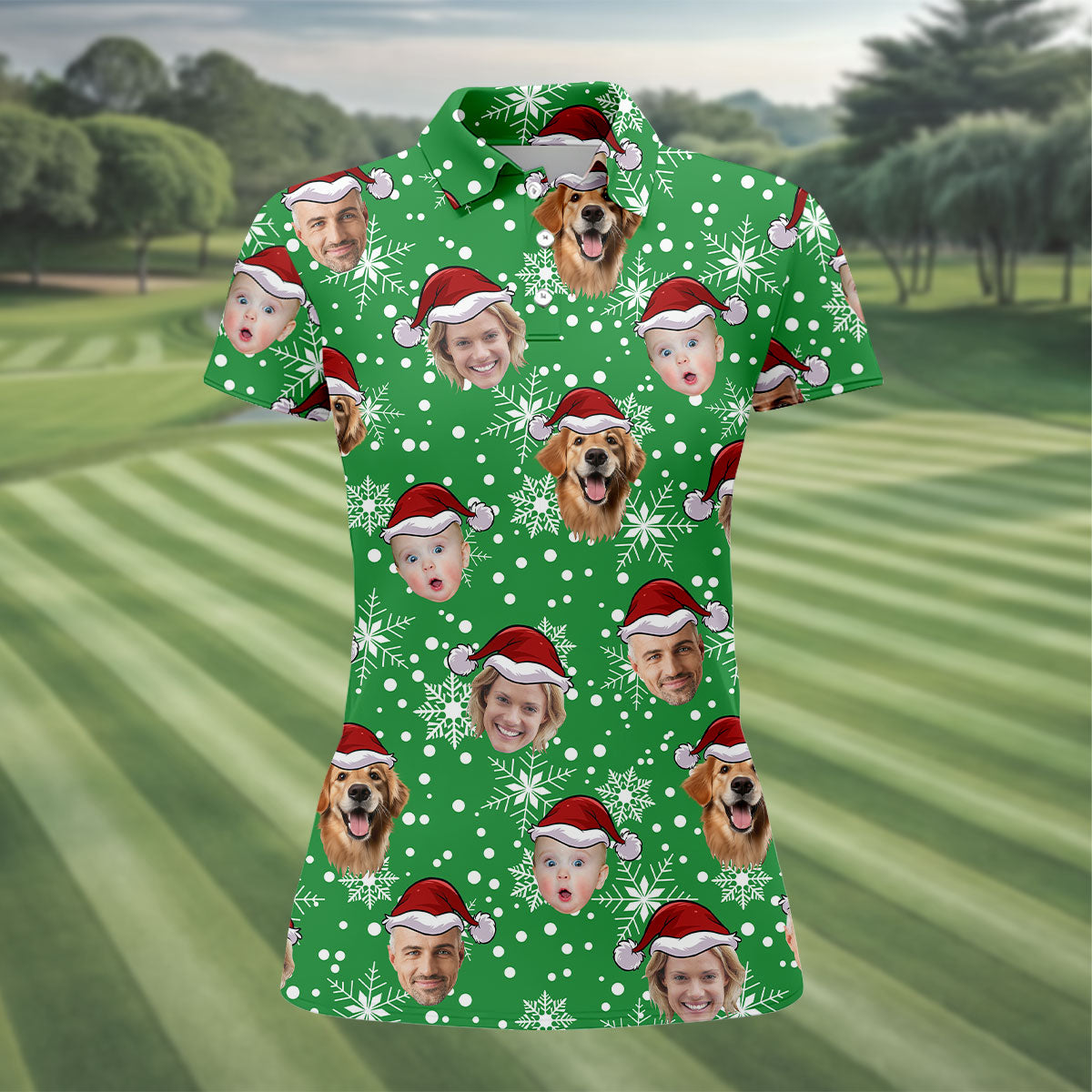 Custom Face Light Green Christmas Women's Golf Tops, Ladies Golf Shirts, Christmas Golf Gift