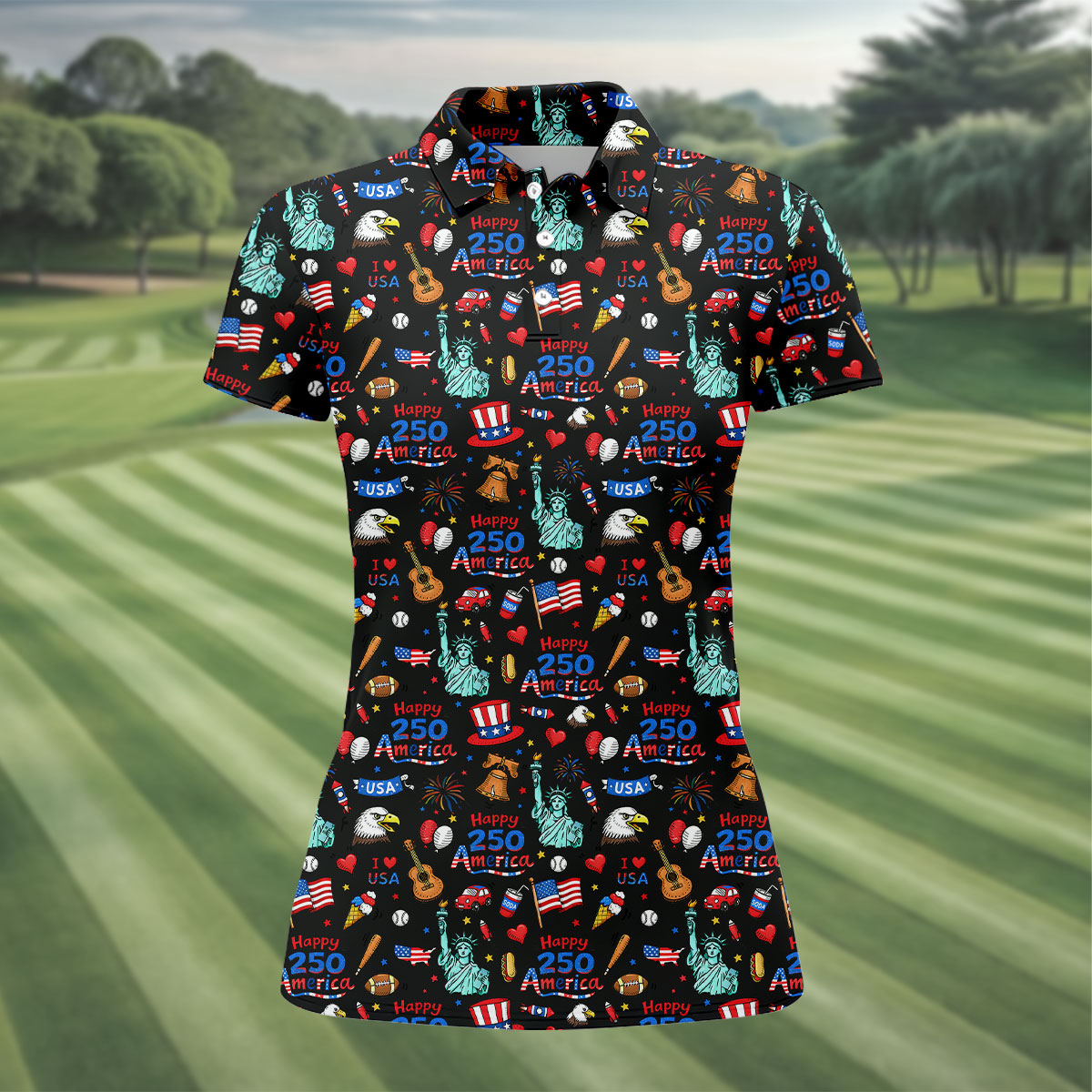 Happy 250 America Independence Celebration Black Golf Shirt, Patriotic 4th Of July Golf Shirt For Women