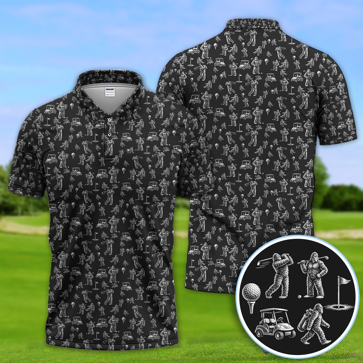 Funny Bigfoot Pattern Golf Polos, Squatch Bigfoot Golf Shirt For Men, Crazy Golf Gift For Golfer