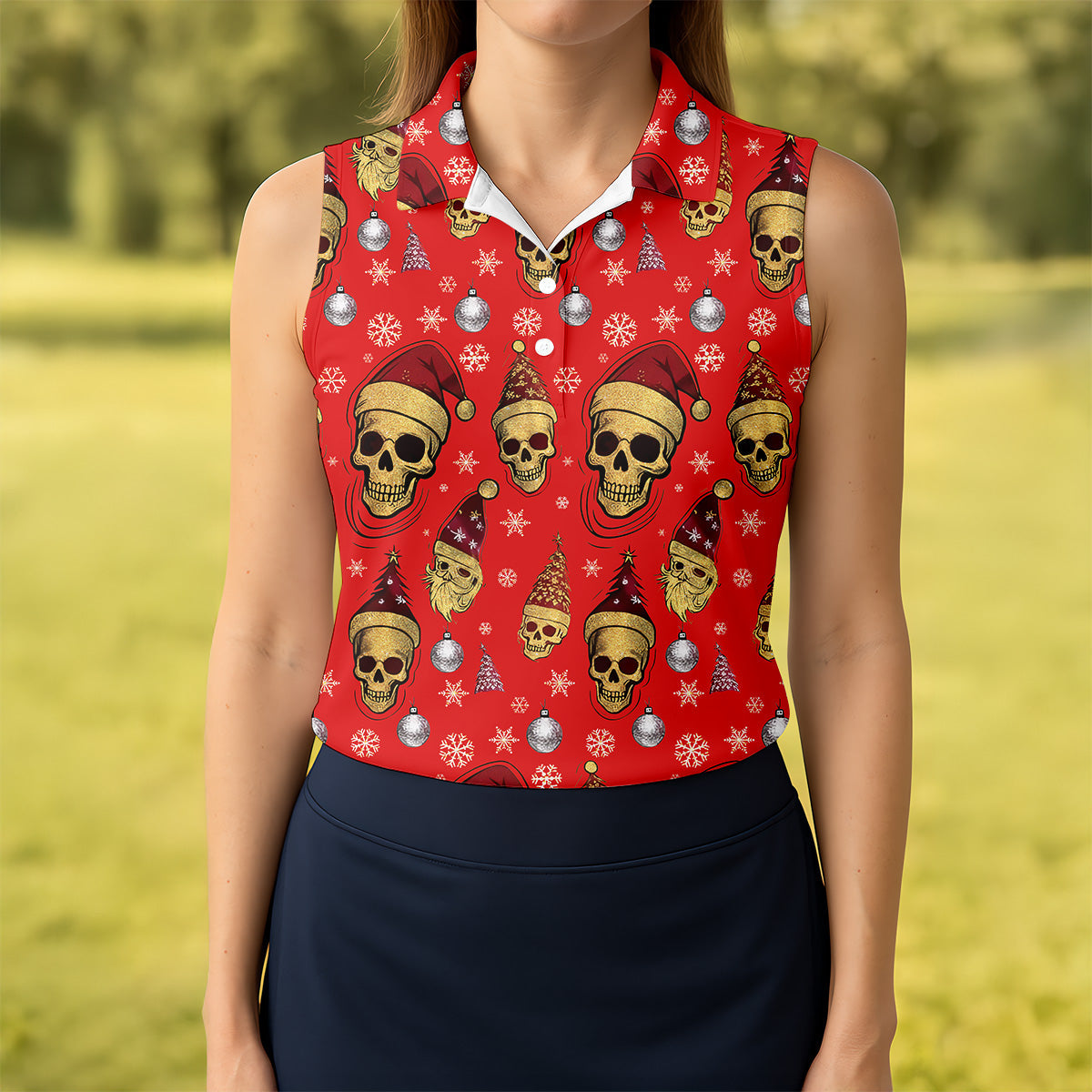 Vintage Skull Christmas Golf Shirt, Red Golf Shirt, Women's Golf Tops, Cool Golf Gift, Ladies Golf Shirts