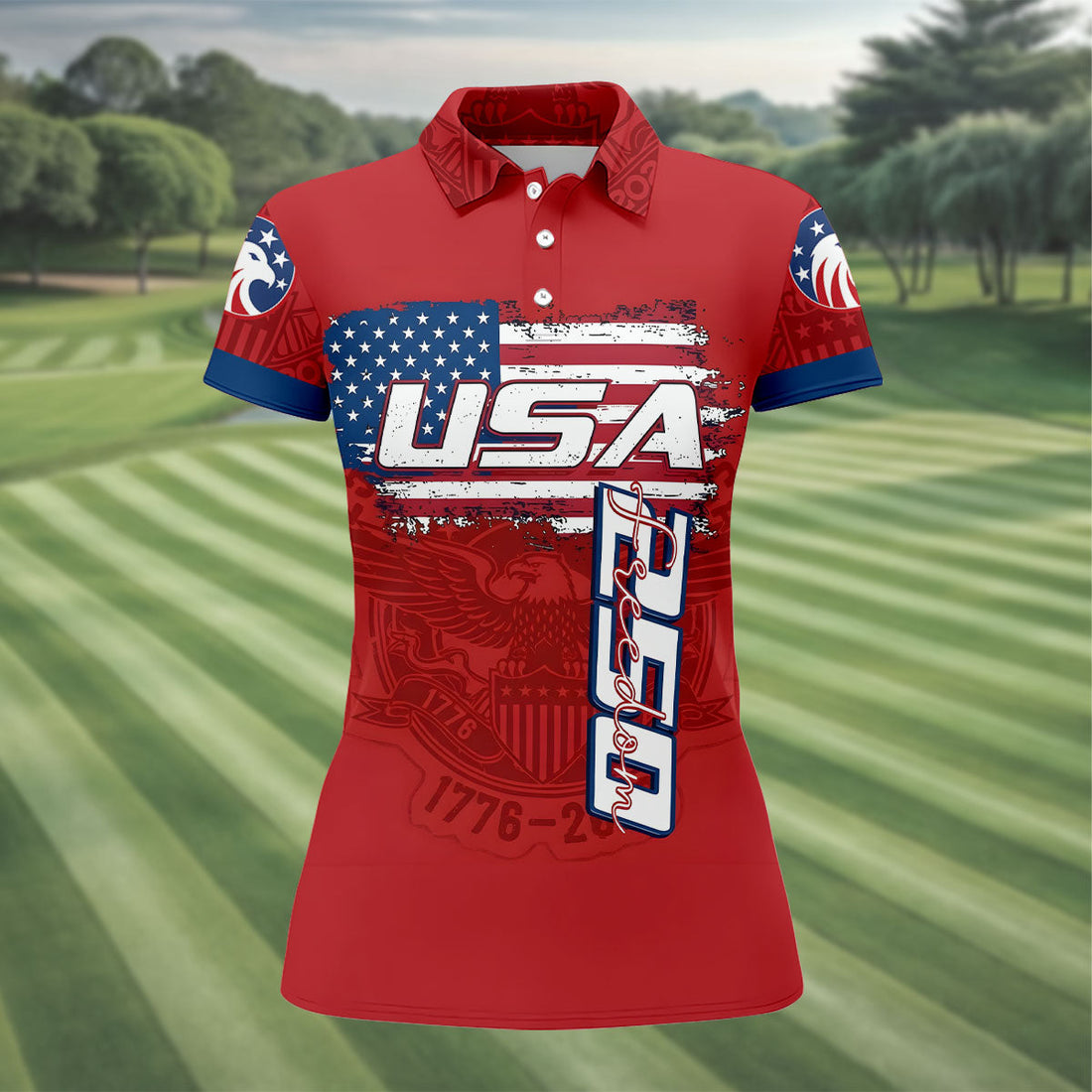 USA 250 Freedom Flag And Bald Eagle Ladies Golf Tops, Patriotic 4th Of July Golf Shirt For Women