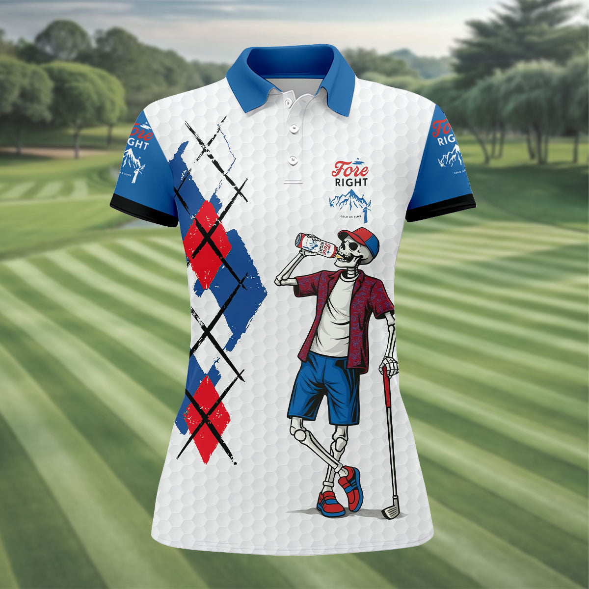 Fore Right Funny Skeleton Golf And Beer Red White  Women's Golf Tops, Ladies Golf Shirts