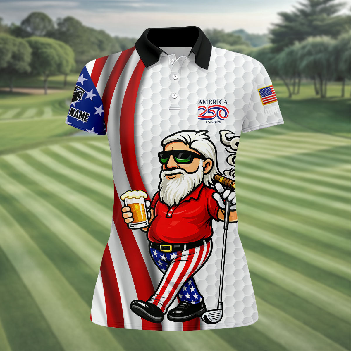 America 250 Patriotic Man 4th Of July White Golf Shirt, Golf And Beer Women's Golf Tops