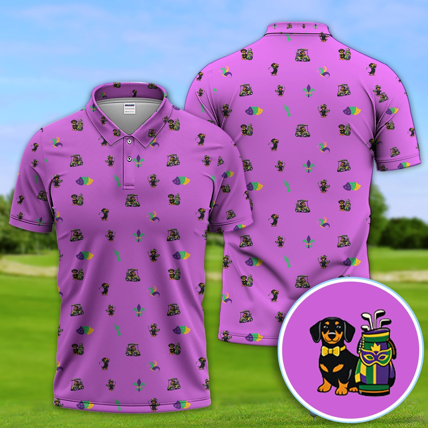Mardi Gras Dachshund Golf Polos For Golfer, Funny Wiener Dog Pattern Golf Shirt, Golf Gift For Men