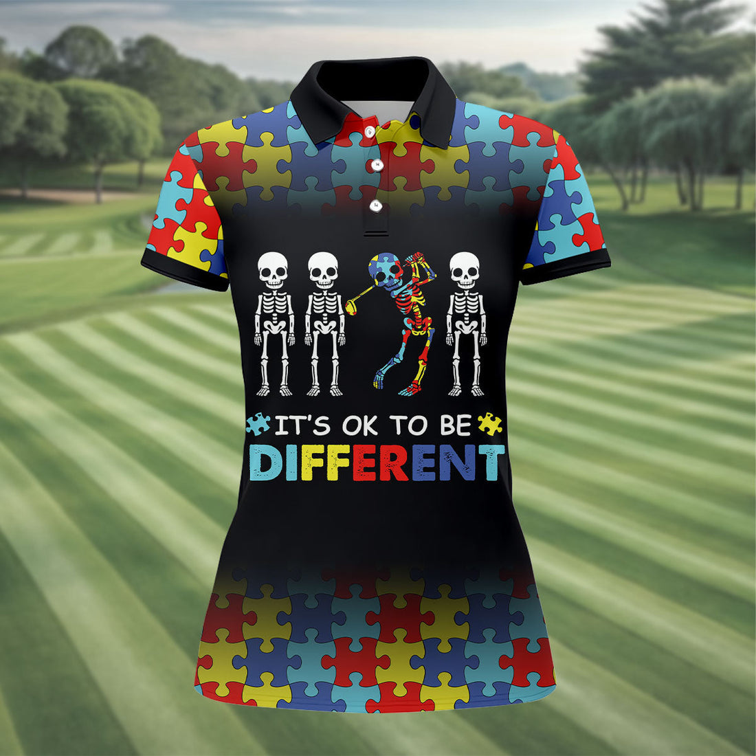 It's Ok To Be Different Women Polo Shirt, Autism Awareness Puzzle Pattern Black Fade Golf Shirts For Women, Autism Golf Shirt