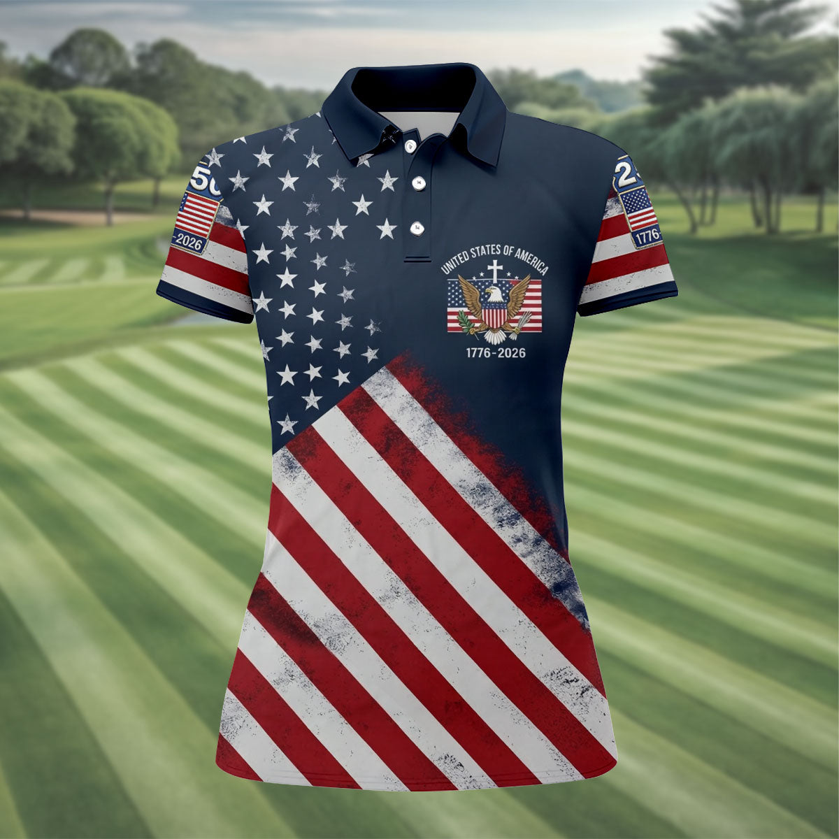 US Bald Eagle Distressed Flag 250 Faith Cross Ladies Golf Tops, Patriotic 4th Of July Golf Shirt For Women