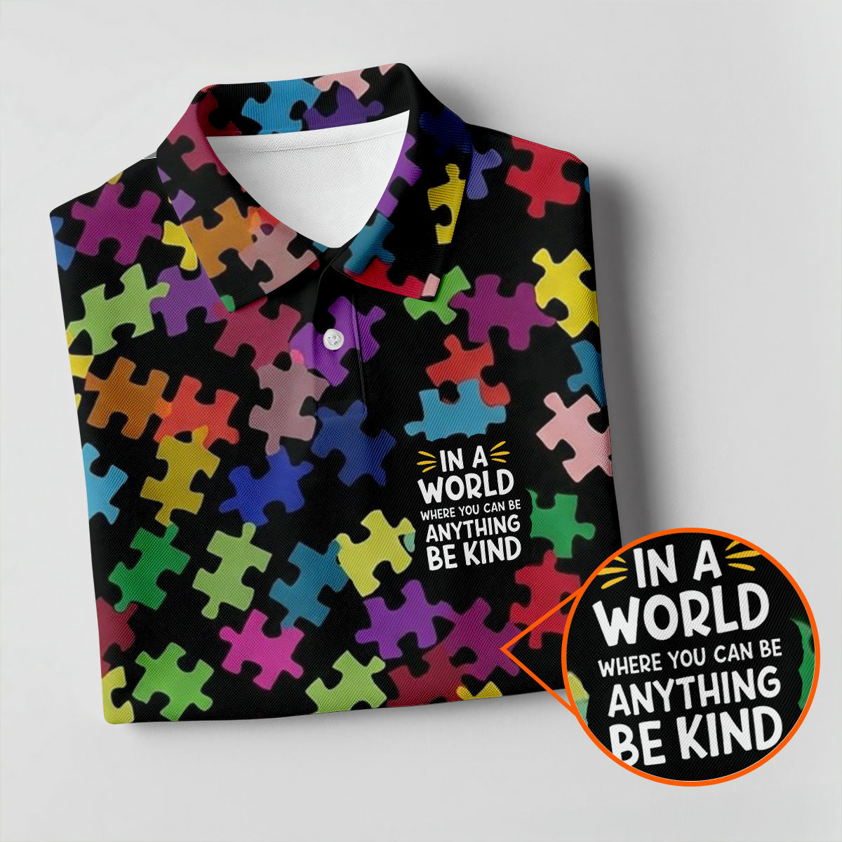 In A World Where You Can Be Anything Be Kind Autism Awareness Puzzle Pattern Golf Shirt For Women, Ladies Golf Polos