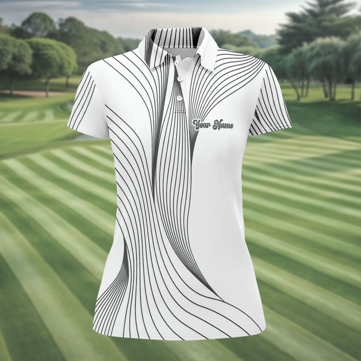 Geometric Line Wavy Line Black And White Custom Name Women's Golf Tops, Ladies Golf Shirts, Women's Polo Shirt