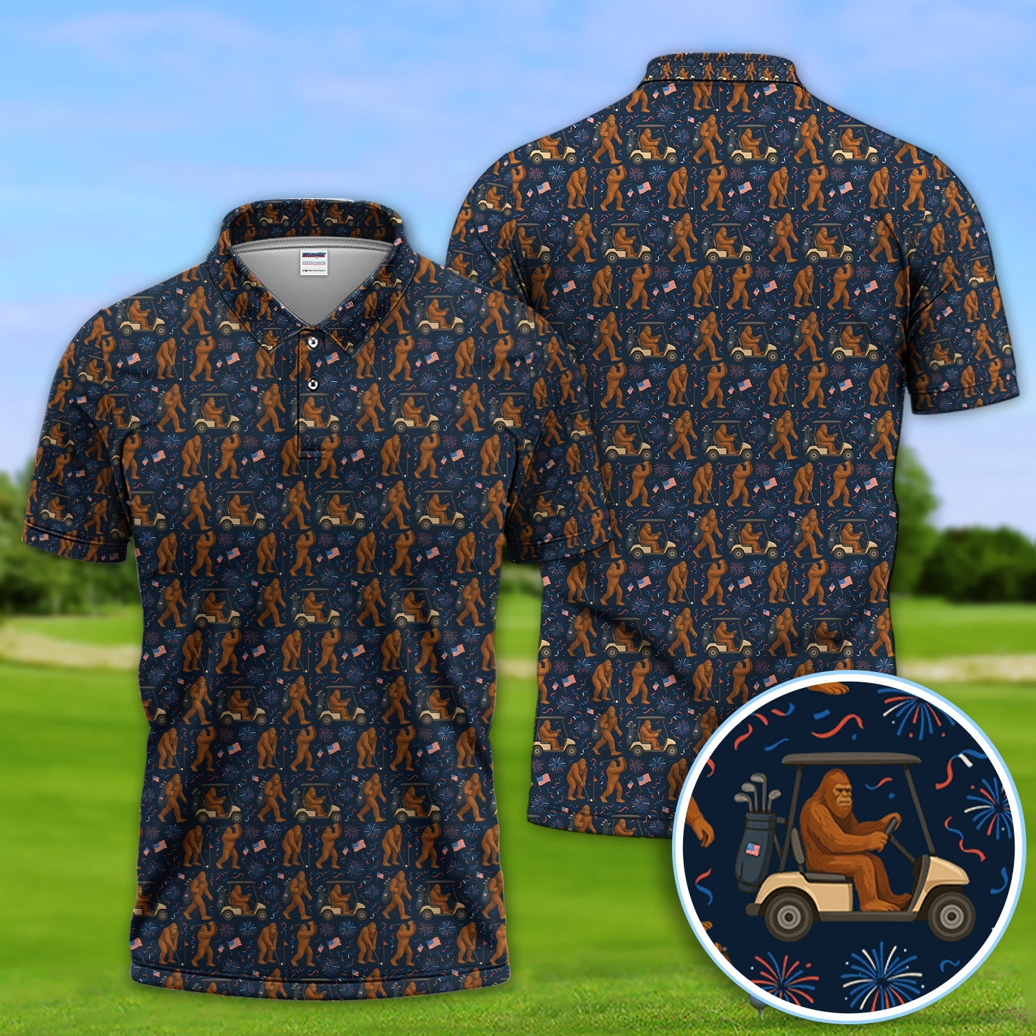 Crazy Patriotic 250 Bigfoot Golf Polos, America 250th Sasquatch Golf Shirt, Golf Gift For Men