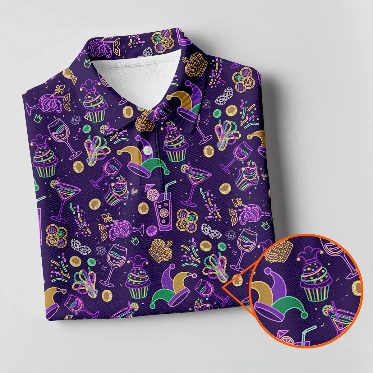 Mardi Gras Food Green Gold Purple Women's Golf Tops, Women's Golf Shirts, Ladies Golf Polos