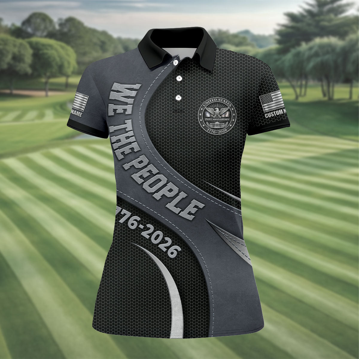 We The People US 250th Anniversary Hexagon Pattern Custom Golf Shirts, 4th Of July Patriotic Golf Shirt For Women