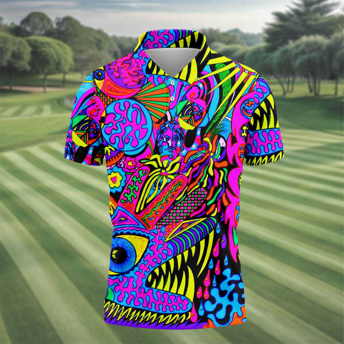 Neon Psychedelic Abstract Eye Pattern Golf Shirt, Mens Golf Polo, Printed Golf Shirts, Golf Polo Shirts For Men