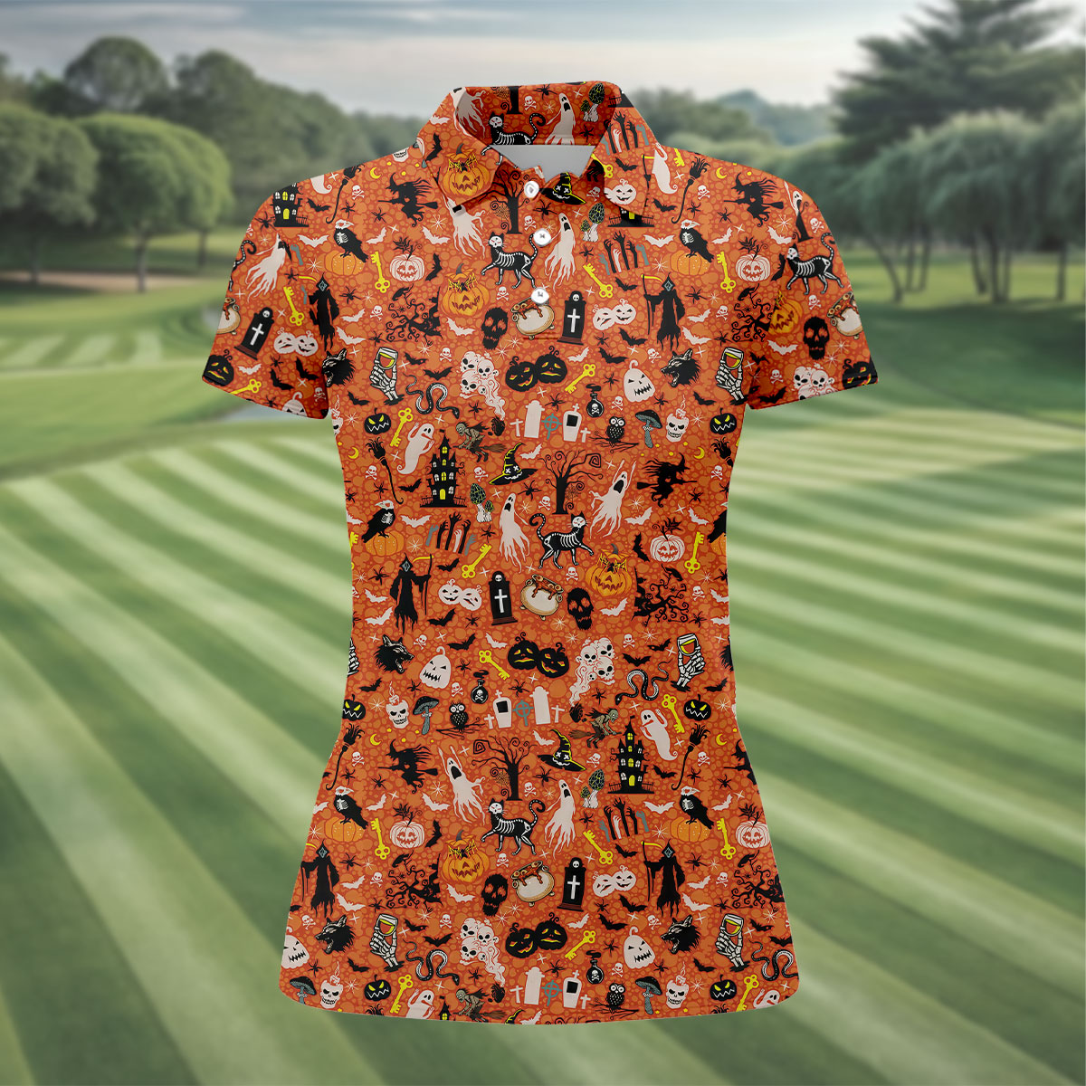 Halloween Skull Witch Cat Orange Golf Shirt, Funny Halloween Women's Golf Tops, Ladies Golf Shirts