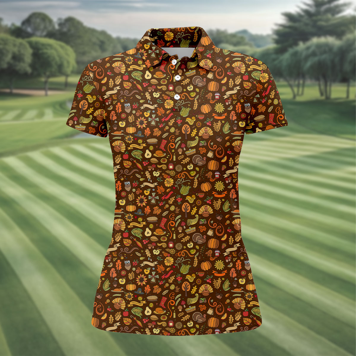 Turkey Pumpkin Funny Golf Shirts Women, Brown Golf Shirt, Thanksgiving Day Gifts, Ladies Golf Polos