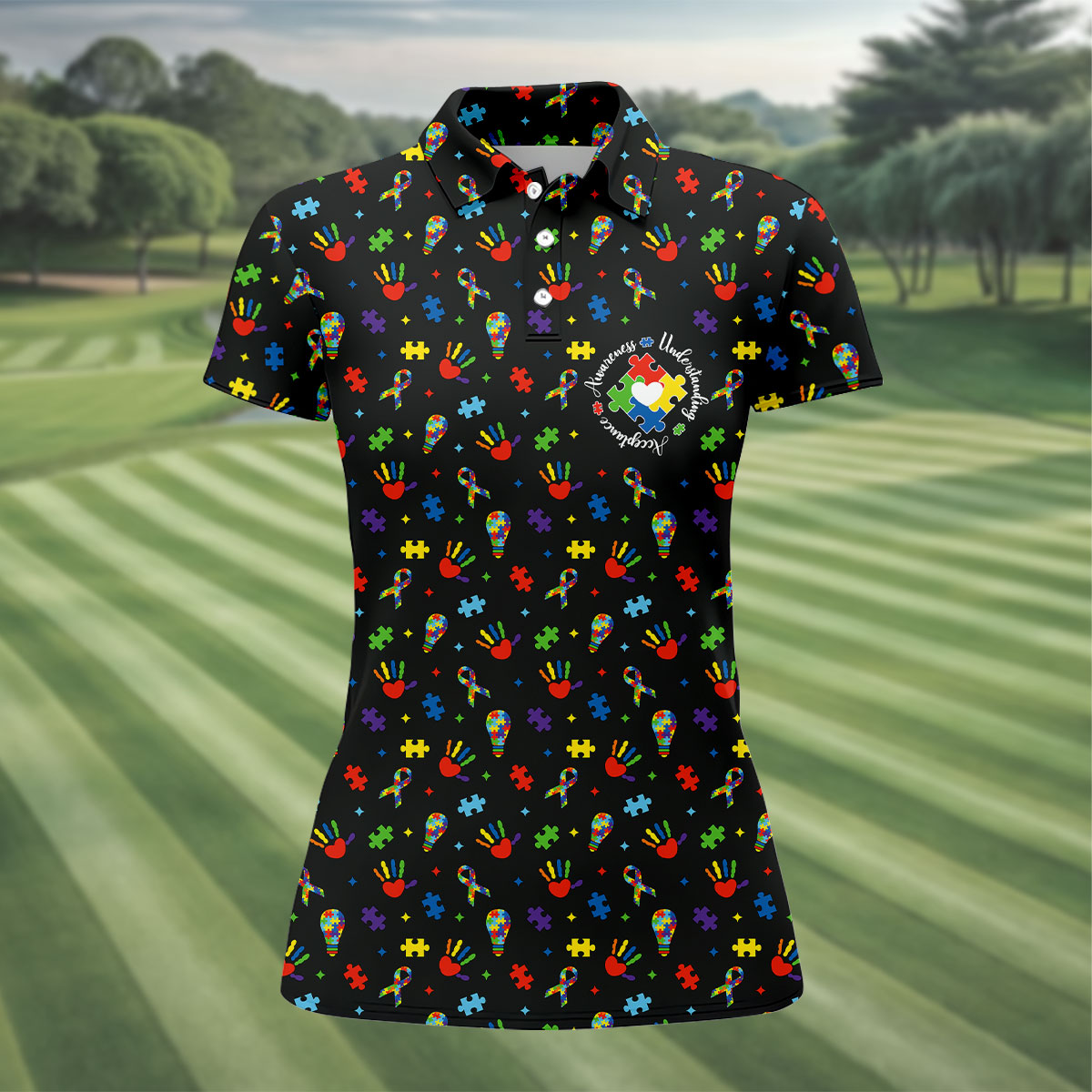 Awareness Understanding Acceptance Autism Ribbon Black Golf Shirt, Autism Awareness Colors Women's Golf Tops