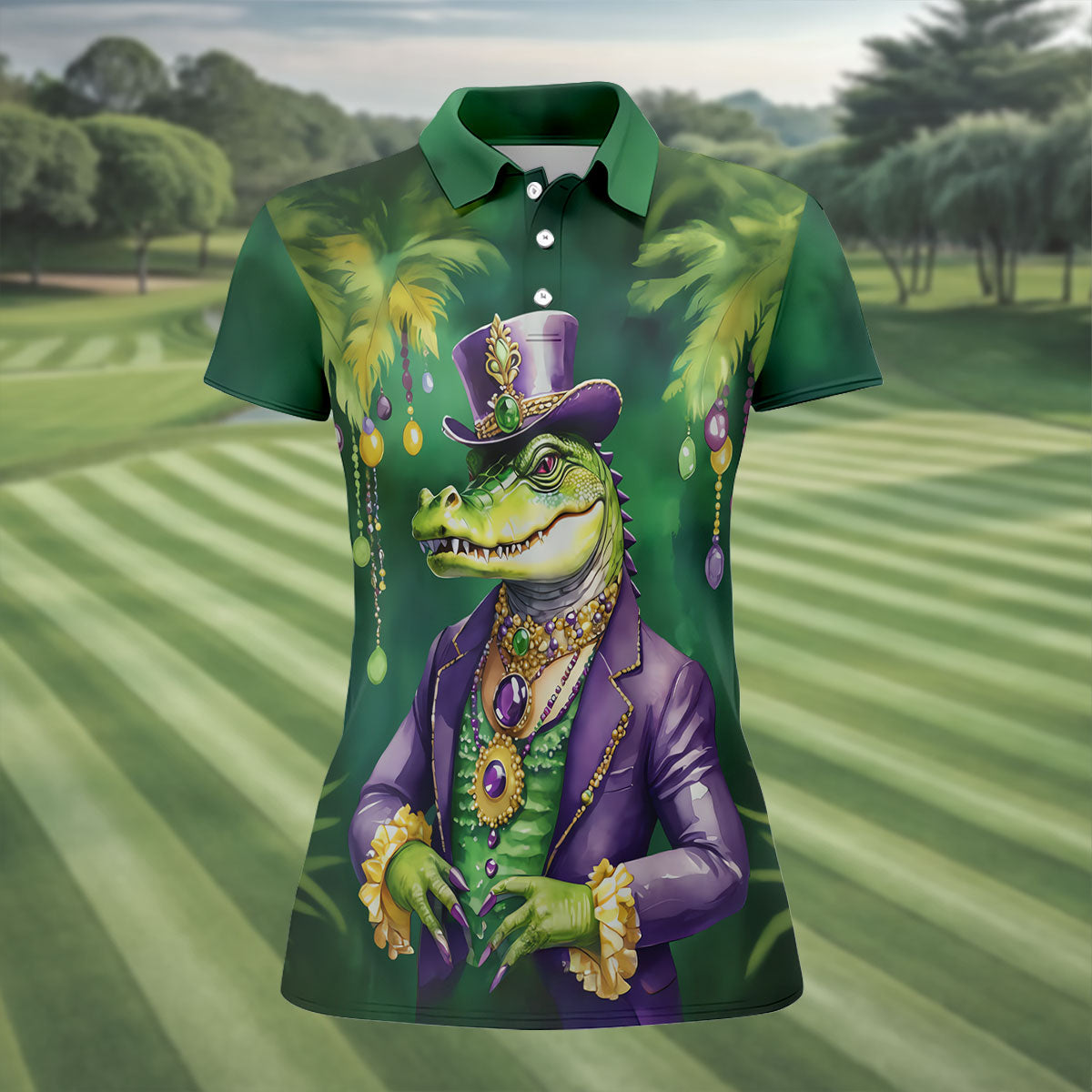 Mardi Gras Alligator Green Golf Shirt, Fun Women's Golf Shirts, Women's Golf Tops, Ladies Golf Polos